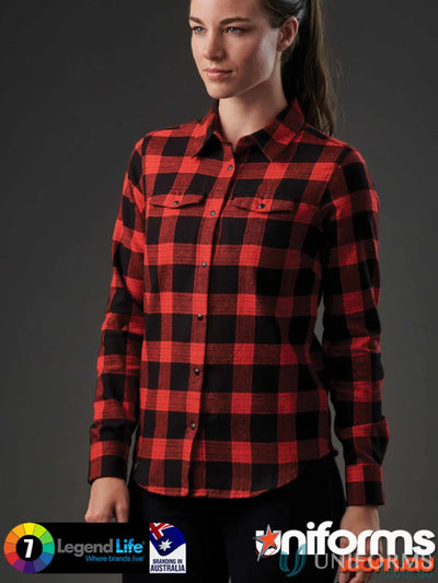 Womens Logan Snap Front Shirt with red black plaid pattern and chest pockets