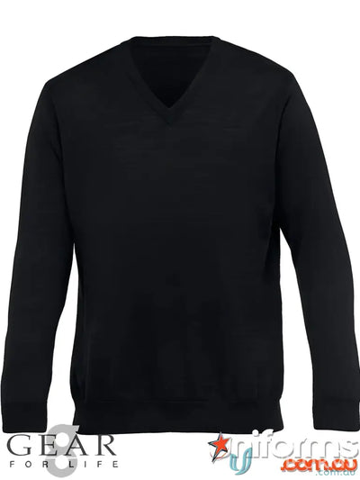 Black V-neck sweater made from soft merino wool with 1x1 rib, perfect for uniforms