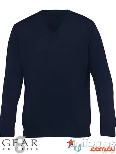 Navy blue Womens Merino Pullover with V-neck and 1x1 rib, perfect for uniforms