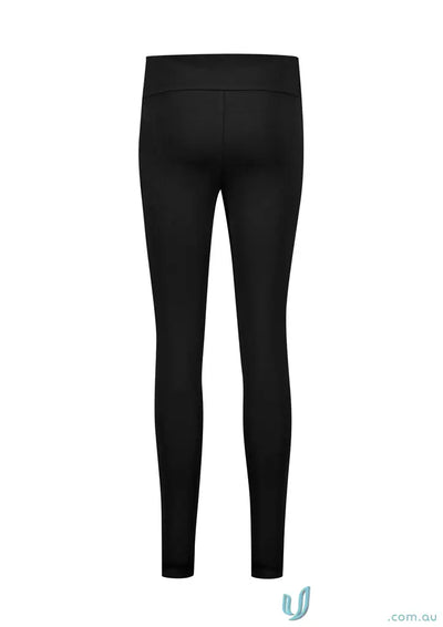 Black womens scuba ponte high-rise pull-on corporate leggings with wide elastic waistband