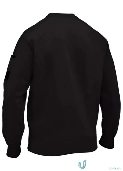 Black work fleece crew neck jumper with ribbed cuffs and small patches on sleeve