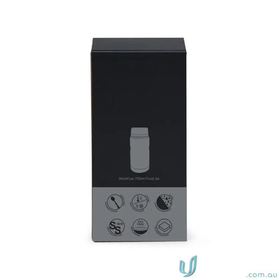 Black and gray 750ml insulated food jar box with feature icons and foldable spoon