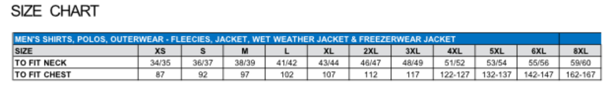 NSW Rail Hi Vis Reflective Jacket size chart