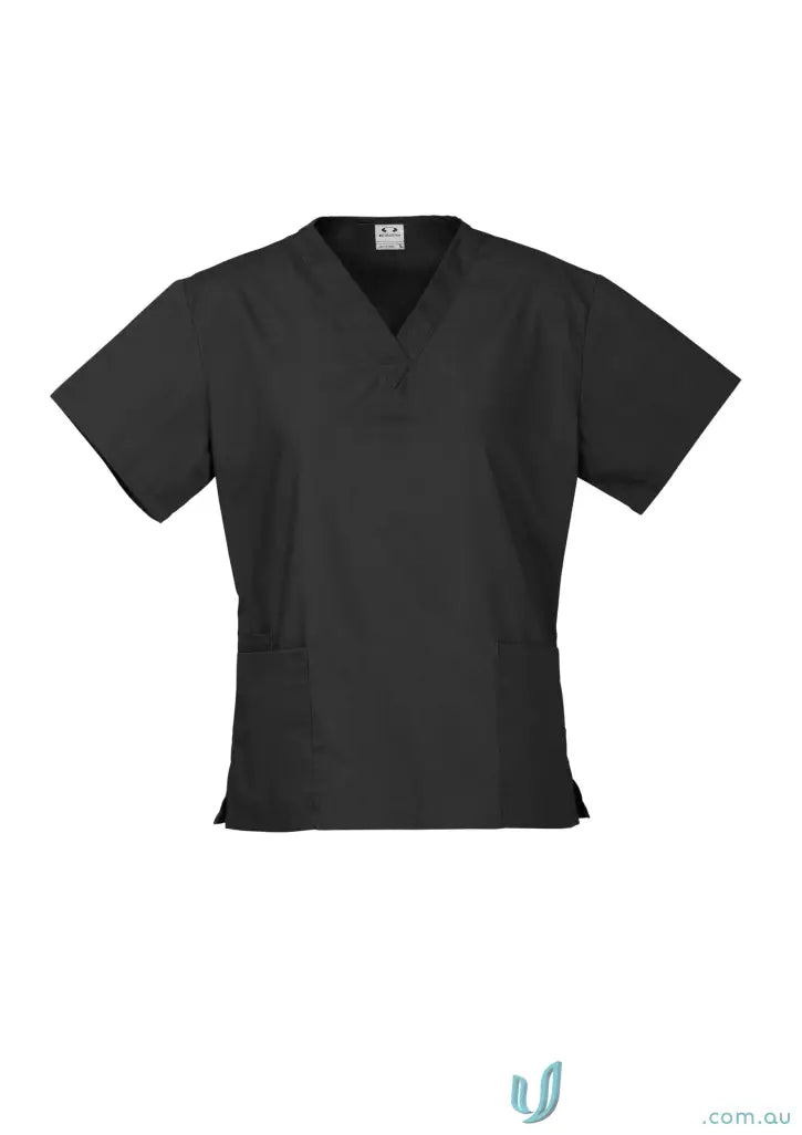 Black v-neck scrub top from BizCare Classic Ladies Scrub with women’s classic style and natural stretch fabric for all-day comfort